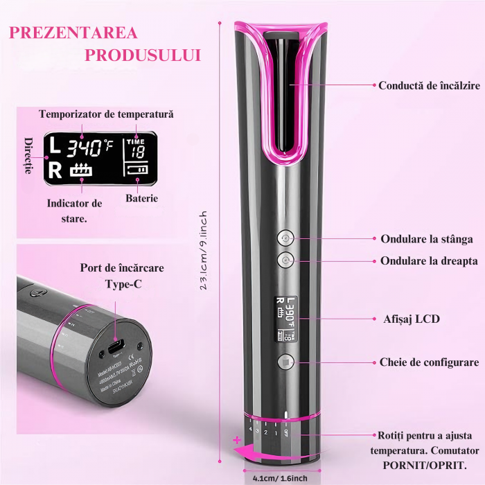 Ondulator Automat VarioShop®, pentru bucle lejere, naturale si rapide, 4 trepte de viteza, alegerea directiei buclelor, afisaj LCD, fara fir, husa inclusa, incalzire rapida, indicator de temperatura s [6]