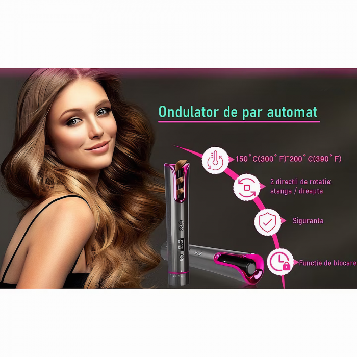 Ondulator Automat VarioShop®, pentru bucle lejere, naturale si rapide, 4 trepte de viteza, alegerea directiei buclelor, afisaj LCD, fara fir, husa inclusa, incalzire rapida, indicator de temperatura s [37]