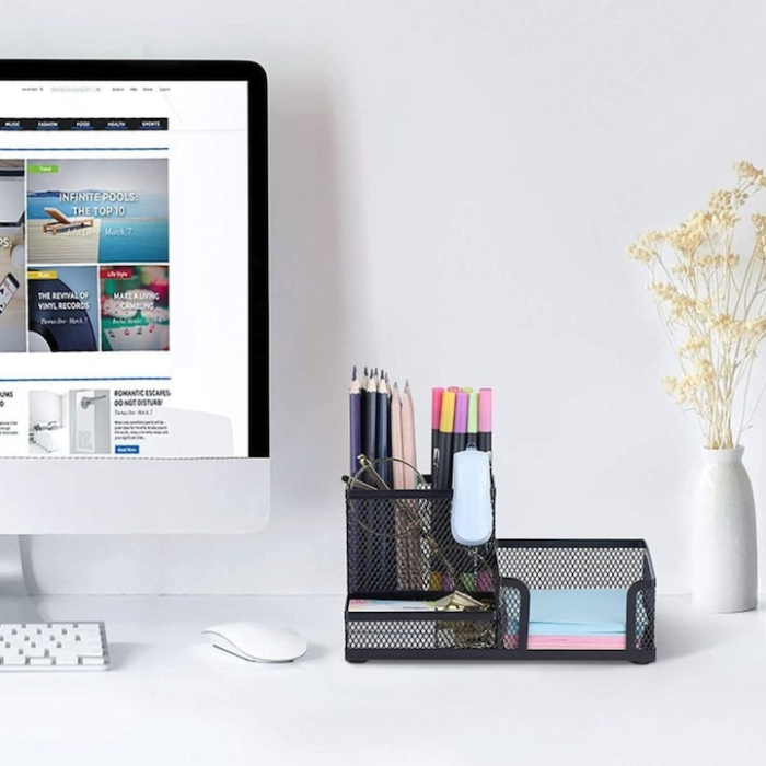 Organizator articole birou VarioShop®, 3 compartimente, spatios, design aerisit, material rezistent, metal, 20.5 x 10 cm, Negru [6]