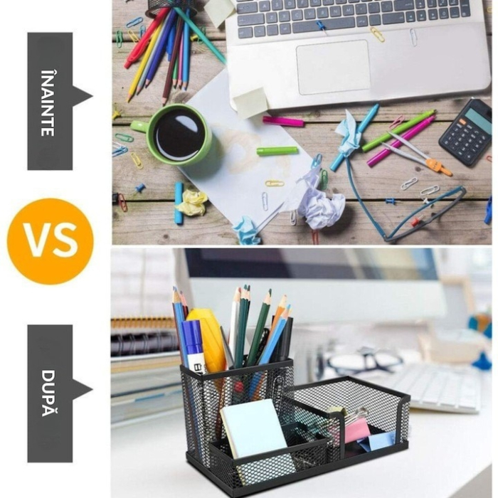 Organizator articole birou VarioShop®, 3 compartimente, spatios, design aerisit, material rezistent, metal, 20.5 x 10 cm, Negru [5]