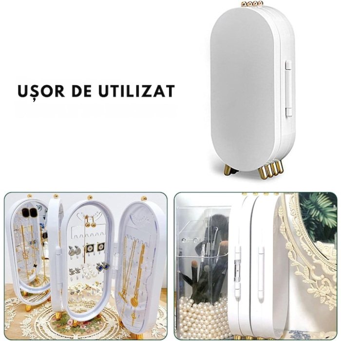 Organizator bijuterii VarioShop, cutie acordeon cu oglindă, alb, 23x11cm [6]