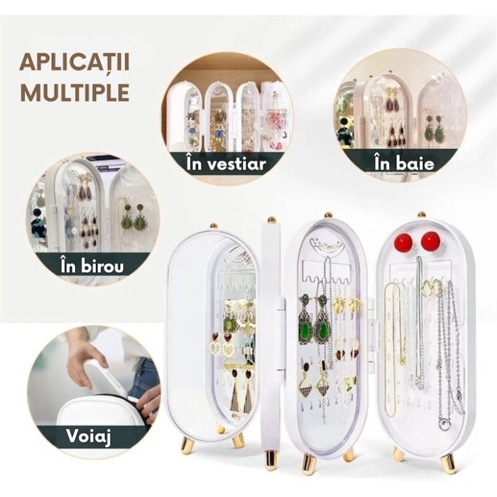 Organizator bijuterii VarioShop, cutie acordeon cu oglindă, alb, 23x11cm [7]