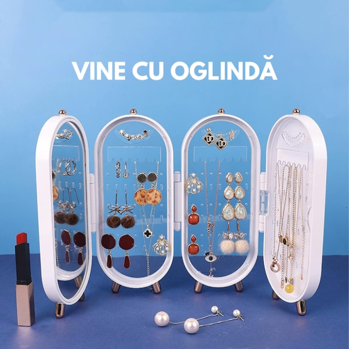 Organizator bijuterii VarioShop, cutie acordeon cu oglindă, alb, 23x11cm [5]
