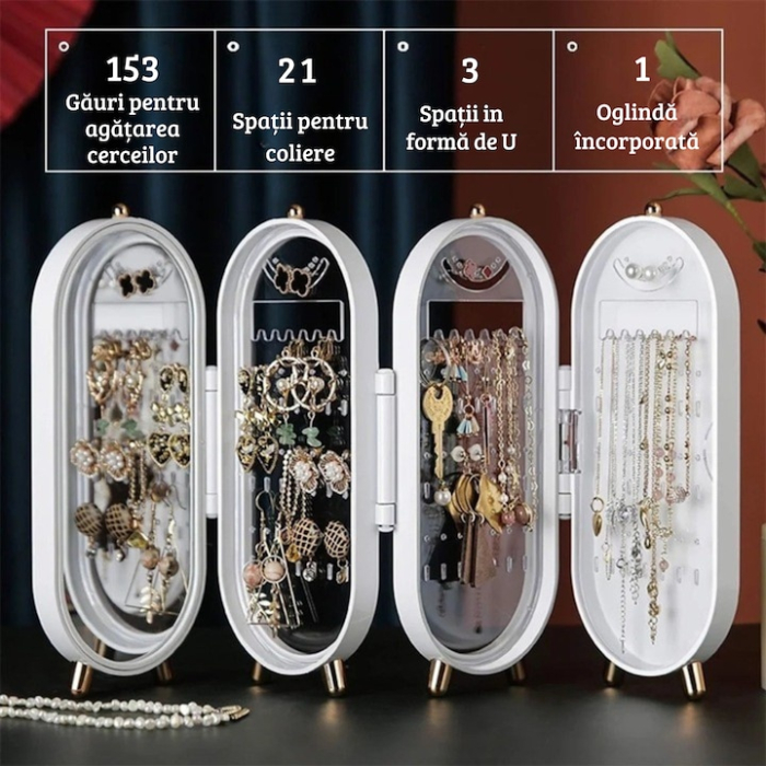Organizator bijuterii VarioShop, cutie acordeon cu oglindă, alb, 23x11cm [3]