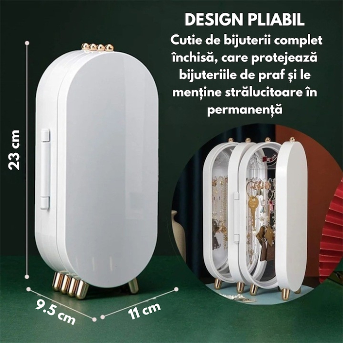 Organizator bijuterii VarioShop, cutie acordeon cu oglindă, alb, 23x11cm [2]