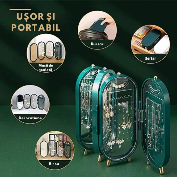 Organizator bijuterii VarioShop®, cutie spatioasa tip acordeon cu oglinda, design elegant, ideala pentru acasa sau cadou, 23 x 11 cm, Verde [4]