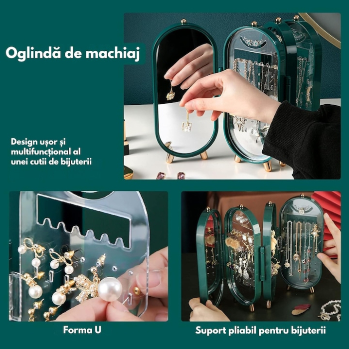 Organizator bijuterii VarioShop®, cutie spatioasa tip acordeon cu oglinda, design elegant, ideala pentru acasa sau cadou, 23 x 11 cm, Verde [5]