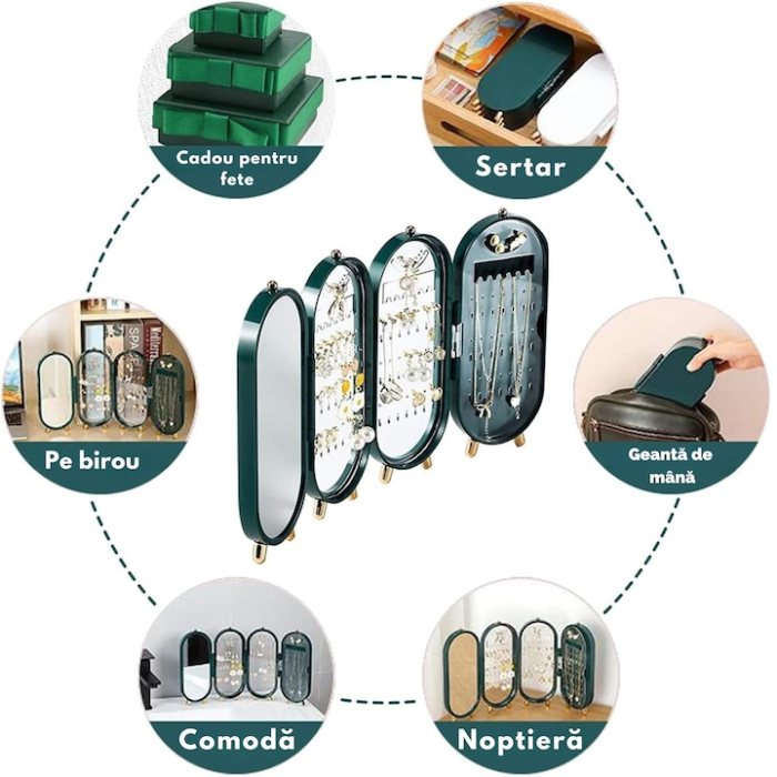 Organizator bijuterii VarioShop®, cutie spatioasa tip acordeon cu oglinda, design elegant, ideala pentru acasa sau cadou, 23 x 11 cm, Verde [6]