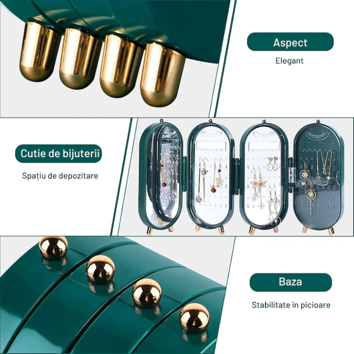 Organizator bijuterii VarioShop®, cutie spatioasa tip acordeon cu oglinda, design elegant, ideala pentru acasa sau cadou, 23 x 11 cm, Verde [2]