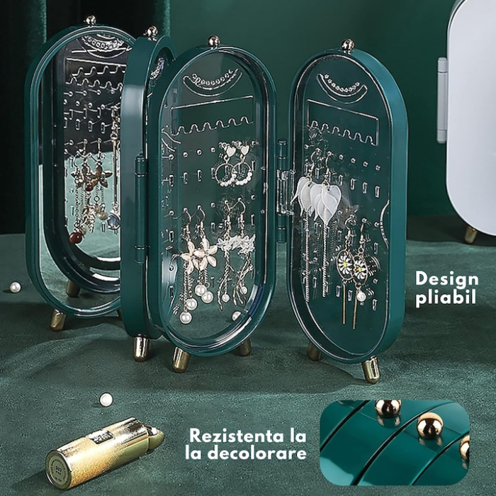 Organizator bijuterii VarioShop®, cutie spatioasa tip acordeon cu oglinda, design elegant, ideala pentru acasa sau cadou, 23 x 11 cm, Verde [3]