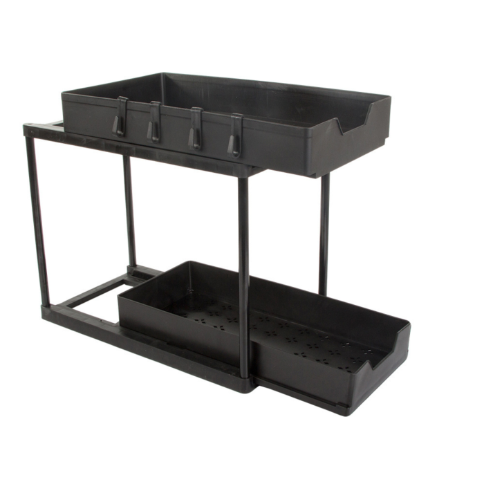 Organizator bucatarie multifunctional VarioShop®, cu doua rafturi extensibile si carlige, raft blat pentru condimente, accesorii de baie sau birou, design compact, 36 x 40 x 22 cm, Negru [15]