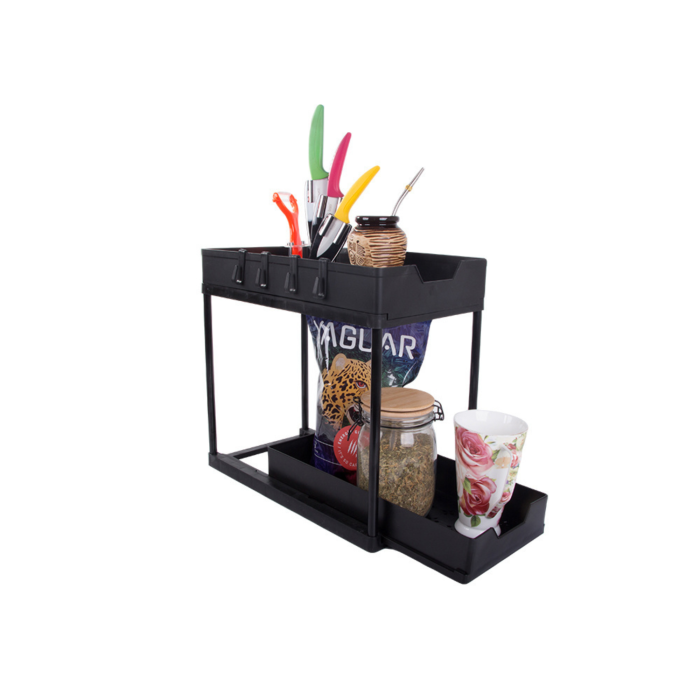 Organizator bucatarie multifunctional VarioShop®, cu doua rafturi extensibile si carlige, raft blat pentru condimente, accesorii de baie sau birou, design compact, 36 x 40 x 22 cm, Negru [4]