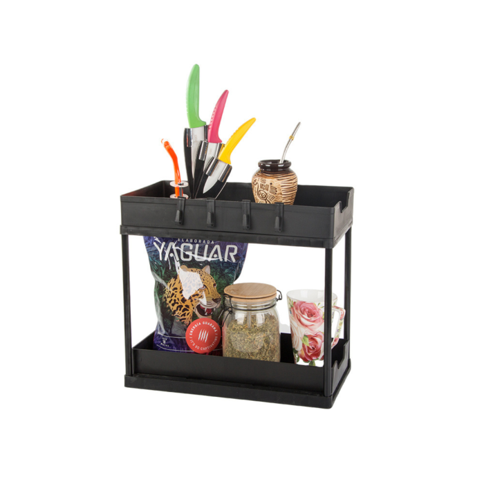 Organizator bucatarie multifunctional VarioShop®, cu doua rafturi extensibile si carlige, raft blat pentru condimente, accesorii de baie sau birou, design compact, 36 x 40 x 22 cm, Negru [6]