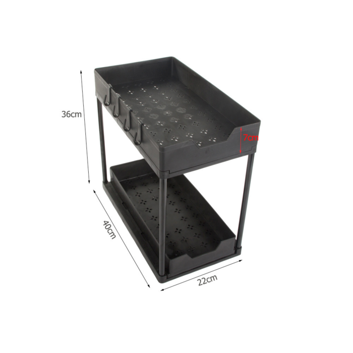 Organizator bucatarie multifunctional VarioShop®, cu doua rafturi extensibile si carlige, raft blat pentru condimente, accesorii de baie sau birou, design compact, 36 x 40 x 22 cm, Negru [10]