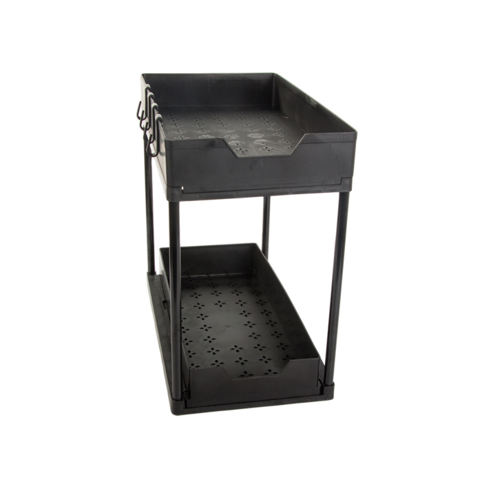 Organizator bucatarie multifunctional VarioShop®, cu doua rafturi extensibile si carlige, raft blat pentru condimente, accesorii de baie sau birou, design compact, 36 x 40 x 22 cm, Negru [14]