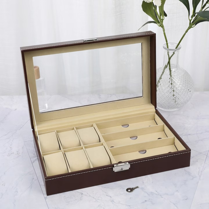 Organizator ceasuri si ochelari VarioShop®, piele ecologica, inchidere cu cheie, interior moale anti-zgarieturi, design elegant, ideal pentru cadou [4]