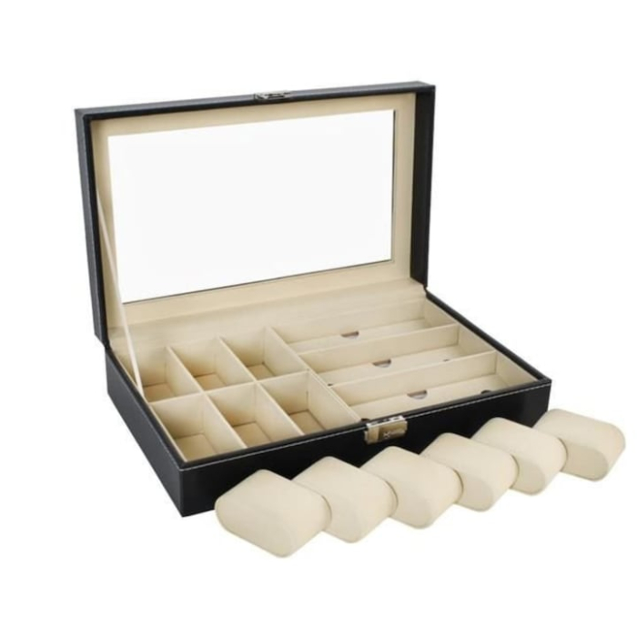 Organizator ceasuri si ochelari VarioShop®, piele ecologica, inchidere cu cheie, interior moale anti-zgarieturi, design elegant, ideal pentru cadou [7]