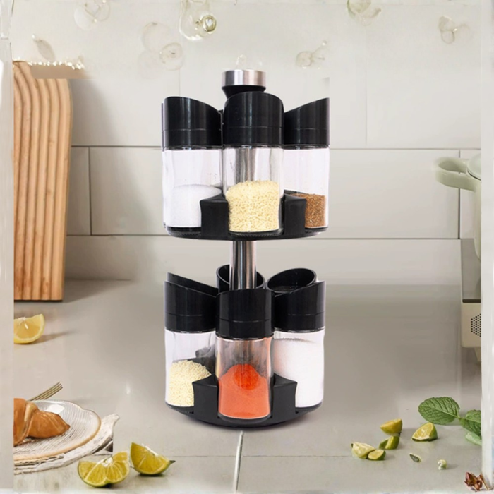 Organizator condimente rotativ VarioShop®, 12 recipiente din sticla, suport condimente 360°, dozator cu 3 tipuri de deschidere, pentru sare, zahar si condimente, 32x16 cm [8]