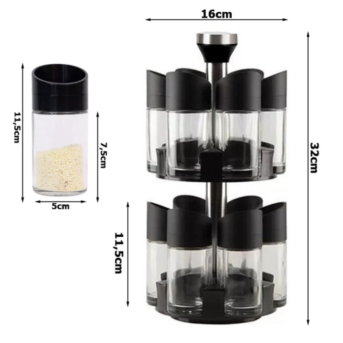 Organizator condimente rotativ VarioShop®, 12 recipiente din sticla, suport condimente 360°, dozator cu 3 tipuri de deschidere, pentru sare, zahar si condimente, 32x16 cm [2]