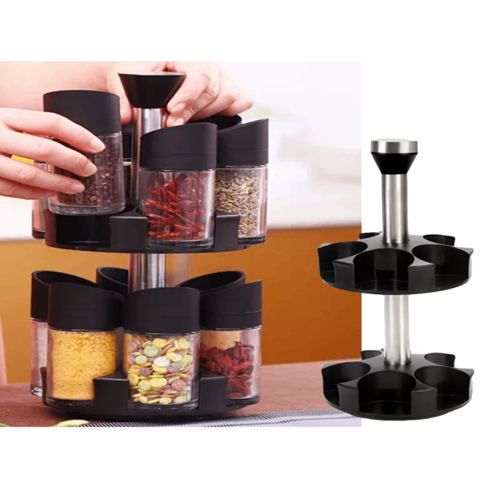 Organizator condimente rotativ VarioShop®, 12 recipiente din sticla, suport condimente 360°, dozator cu 3 tipuri de deschidere, pentru sare, zahar si condimente, 32x16 cm [1]