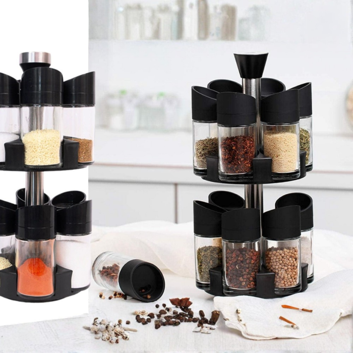 Organizator condimente rotativ VarioShop®, 12 recipiente din sticla, suport condimente 360°, dozator cu 3 tipuri de deschidere, pentru sare, zahar si condimente, 32x16 cm [5]