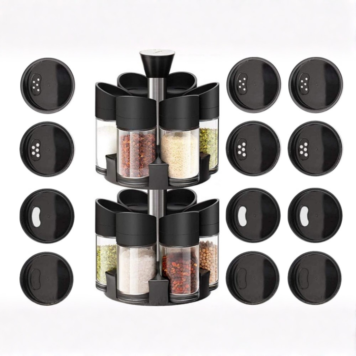 Organizator condimente rotativ VarioShop®, 12 recipiente din sticla, suport condimente 360°, dozator cu 3 tipuri de deschidere, pentru sare, zahar si condimente, 32x16 cm [4]