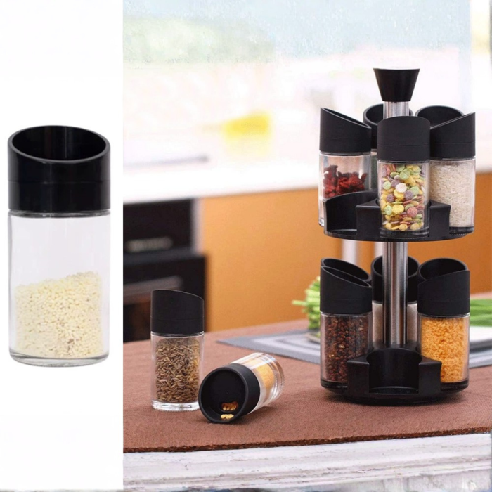 Organizator condimente rotativ VarioShop®, 12 recipiente din sticla, suport condimente 360°, dozator cu 3 tipuri de deschidere, pentru sare, zahar si condimente, 32x16 cm [7]