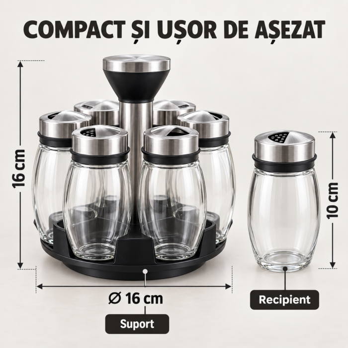 Organizator condimente VarioShop, pentru depozitare si acces rapid, suport rotativ 360°, 6 recipiente din sticla, capace din plastic si metal, diametru 16 cm [2]