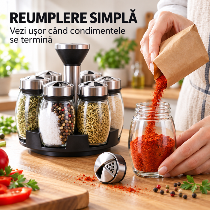 Organizator condimente VarioShop, pentru depozitare si acces rapid, suport rotativ 360°, 6 recipiente din sticla, capace din plastic si metal, diametru 16 cm [8]