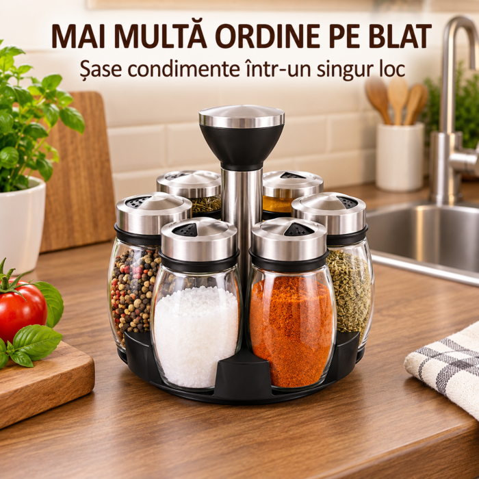 Organizator condimente VarioShop, pentru depozitare si acces rapid, suport rotativ 360°, 6 recipiente din sticla, capace din plastic si metal, diametru 16 cm [4]