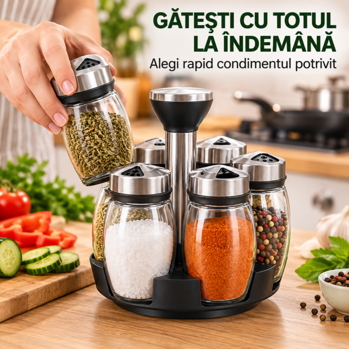 Organizator condimente VarioShop, pentru depozitare si acces rapid, suport rotativ 360°, 6 recipiente din sticla, capace din plastic si metal, diametru 16 cm [3]