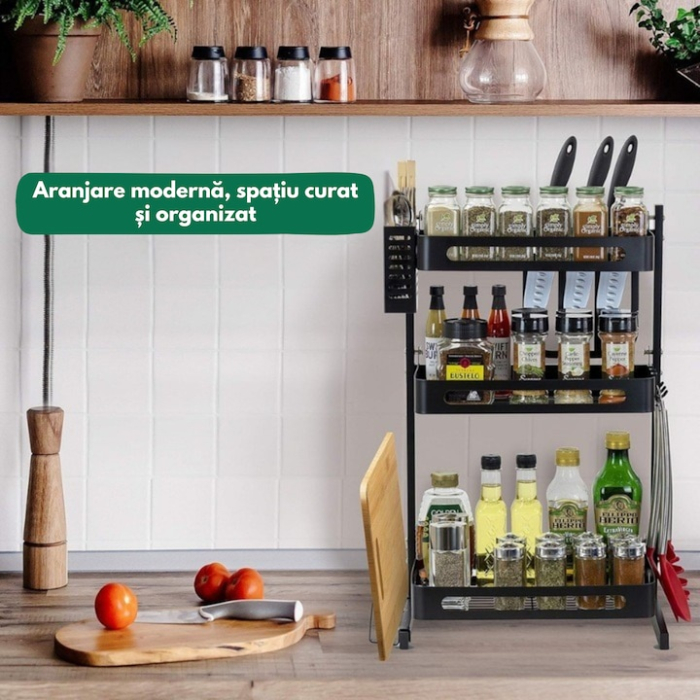 Organizator de bucatarie cu 3 niveluri VarioShop®, raft multifunctional metalic pentru condimente, tacamuri, cutite si ustensile, design modern, accesorii detasabile, structura rezistenta, 60 x 21 cm, [2]