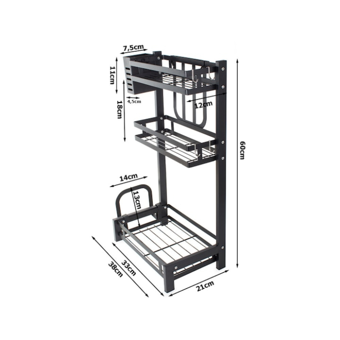 Organizator de bucatarie cu 3 niveluri VarioShop®, raft multifunctional metalic pentru condimente, tacamuri, cutite si ustensile, design modern, accesorii detasabile, structura rezistenta, 60 x 21 cm, [8]