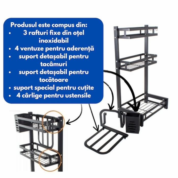 Organizator de bucatarie cu 3 niveluri VarioShop®, raft multifunctional metalic pentru condimente, tacamuri, cutite si ustensile, design modern, accesorii detasabile, structura rezistenta, 60 x 21 cm, [6]