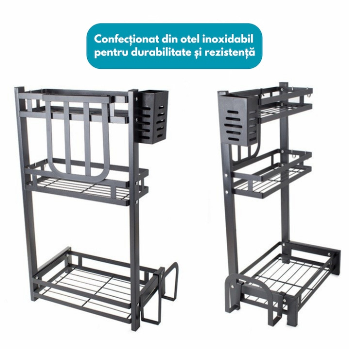 Organizator de bucatarie cu 3 niveluri VarioShop®, raft multifunctional metalic pentru condimente, tacamuri, cutite si ustensile, design modern, accesorii detasabile, structura rezistenta, 60 x 21 cm, [4]