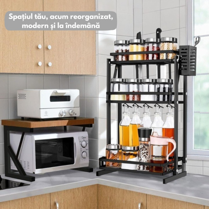 Organizator de bucatarie cu 3 niveluri VarioShop®, raft multifunctional metalic pentru condimente, tacamuri, cutite si ustensile, design modern, accesorii detasabile, structura rezistenta, 60 x 21 cm, [7]
