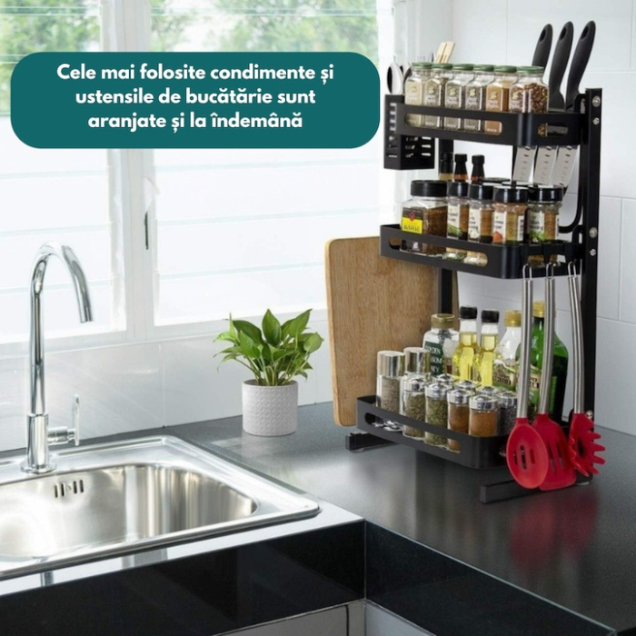 Organizator de bucatarie cu 3 niveluri VarioShop®, raft multifunctional metalic pentru condimente, tacamuri, cutite si ustensile, design modern, accesorii detasabile, structura rezistenta, 60 x 21 cm, [3]