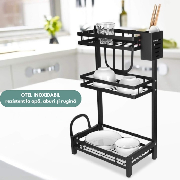 Organizator de bucatarie cu 3 niveluri VarioShop®, raft multifunctional metalic pentru condimente, tacamuri, cutite si ustensile, design modern, accesorii detasabile, structura rezistenta, 60 x 21 cm, [5]