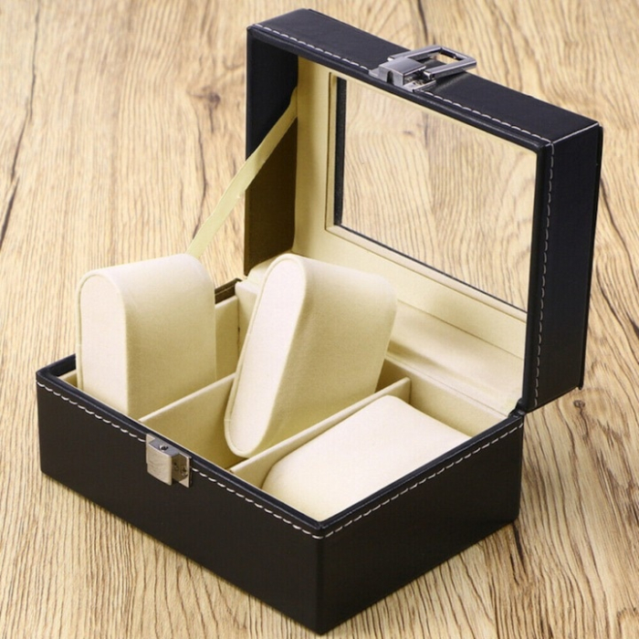 Organizator de ceasuri VarioShop®, cutie eleganta cu 3 compartimente, piele ecologica neagra, interior moale anti-zgarieturi [7]