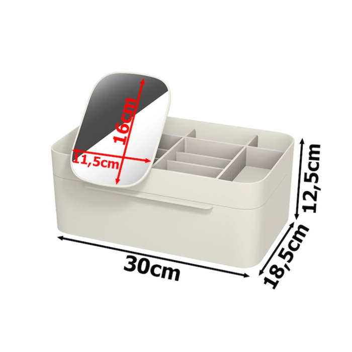 Organizator de cosmetice VarioShop®, cu sertar spatios, compartimente detasabile si oglinda dubla cu marire, solutia ideala pentru machiaj, depozitare si ordine in baie sau dormitor, Alb [9]