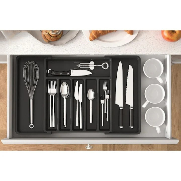 Organizator de tacamuri extensibil pentru sertar VarioShop®, 8 compartimente, latime reglabila 33–56.5 cm, plastic durabil, design extensibil si ergonomic, negru [5]