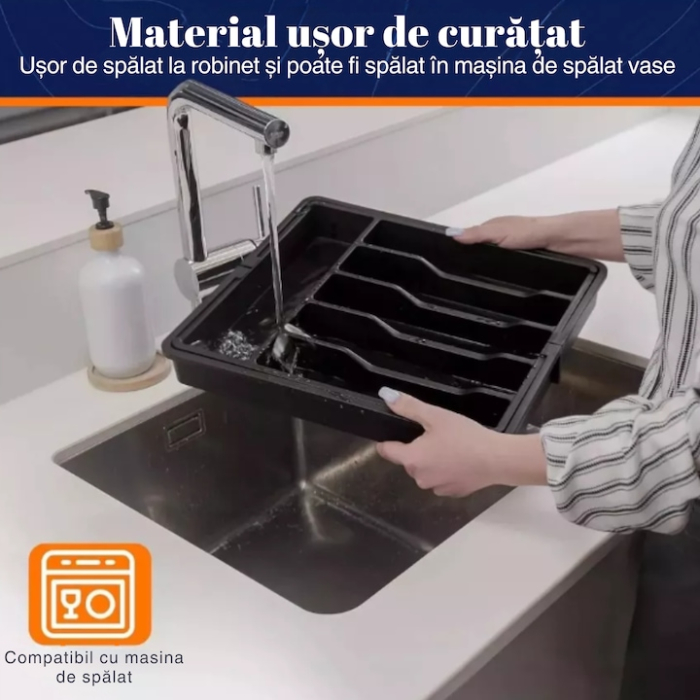 Organizator de tacamuri extensibil pentru sertar VarioShop®, 8 compartimente, latime reglabila 33–56.5 cm, plastic durabil, design extensibil si ergonomic, negru [10]