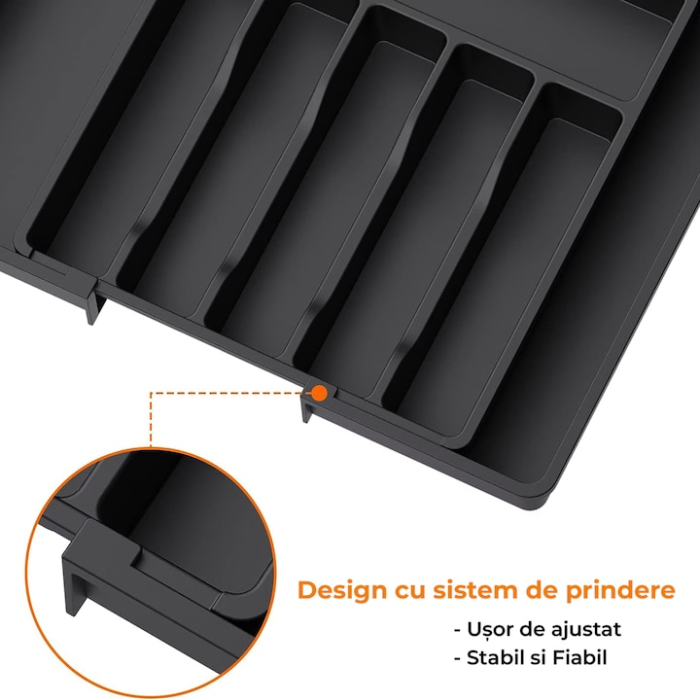 Organizator de tacamuri extensibil pentru sertar VarioShop®, 8 compartimente, latime reglabila 33–56.5 cm, plastic durabil, design extensibil si ergonomic, negru [2]