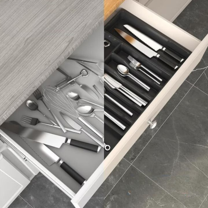 Organizator de tacamuri extensibil pentru sertar VarioShop®, 8 compartimente, latime reglabila 33–56.5 cm, plastic durabil, design extensibil si ergonomic, negru [8]