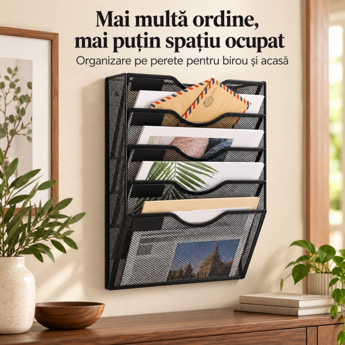 Organizator documente A4 VarioShop®, de perete, 5 compartimente, spatii pentru etichete, plasa metalica, 32,5 x 41,5 x 10,5 cm, negru [7]