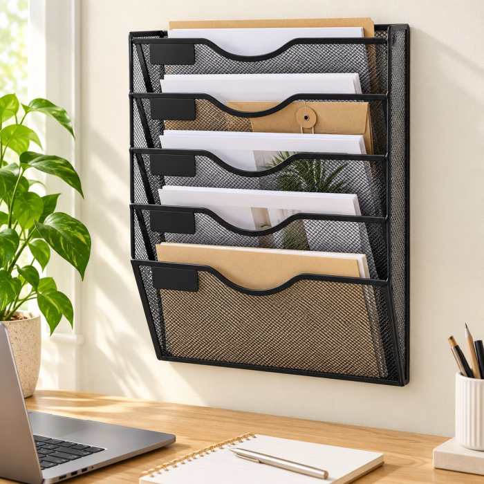 Organizator documente A4 VarioShop®, de perete, 5 compartimente, spatii pentru etichete, plasa metalica, 32,5 x 41,5 x 10,5 cm, negru [2]