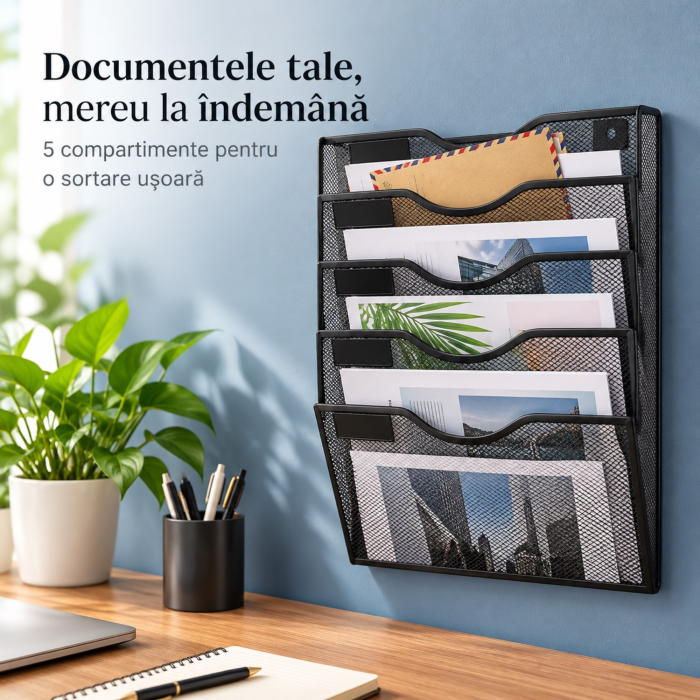 Organizator documente A4 VarioShop®, de perete, 5 compartimente, spatii pentru etichete, plasa metalica, 32,5 x 41,5 x 10,5 cm, negru [3]