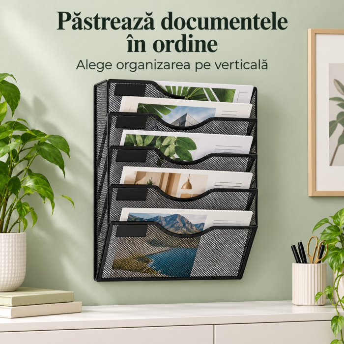 Organizator documente A4 VarioShop®, de perete, 5 compartimente, spatii pentru etichete, plasa metalica, 32,5 x 41,5 x 10,5 cm, negru [5]