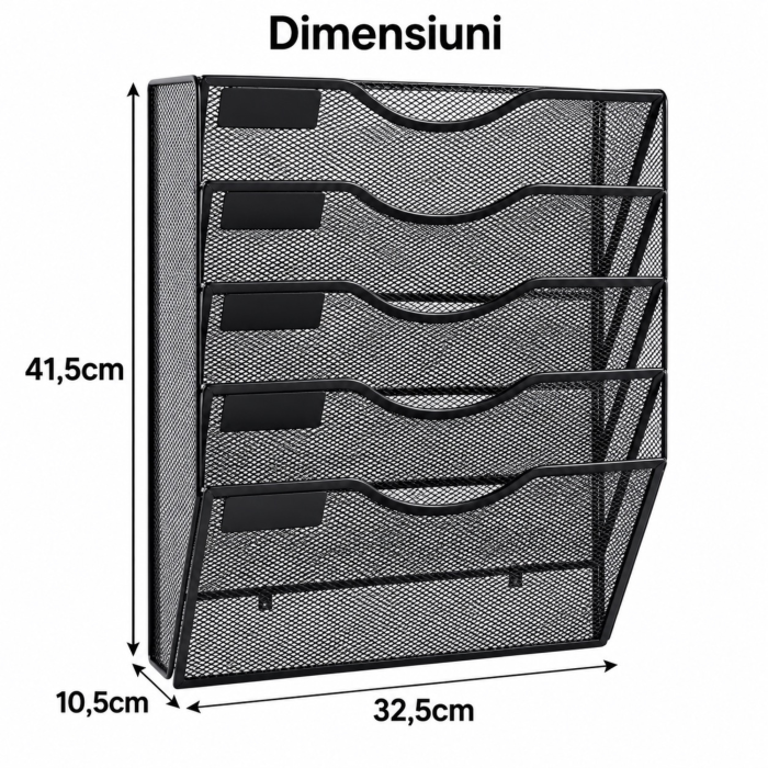 Organizator documente A4 VarioShop®, de perete, 5 compartimente, spatii pentru etichete, plasa metalica, 32,5 x 41,5 x 10,5 cm, negru [4]
