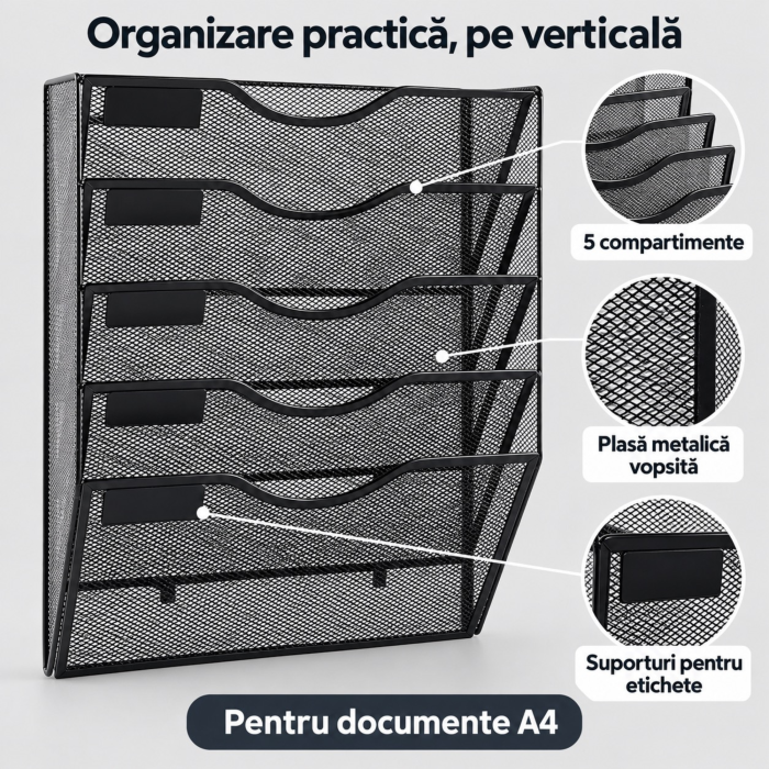 Organizator documente A4 VarioShop®, de perete, 5 compartimente, spatii pentru etichete, plasa metalica, 32,5 x 41,5 x 10,5 cm, negru [6]